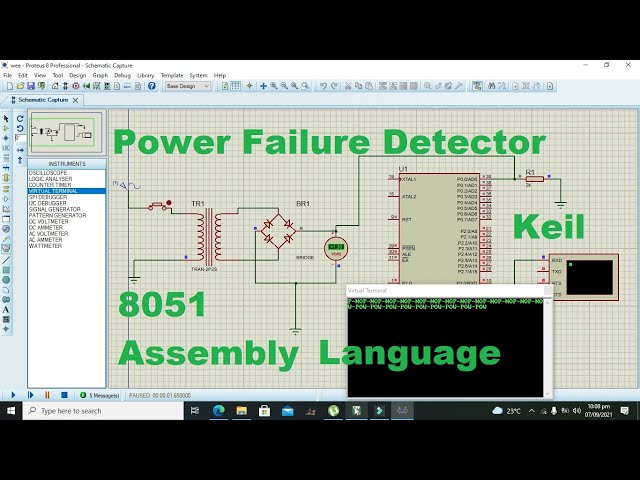 simulation of power failure detector with 8051 using assembly language(keil) in proteus
