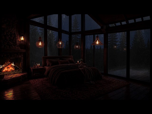 Rain Falls Around a Quiet Woodland Cabin, While Soft Firelight Creates a Calm Mood for Deep Sleep.😴