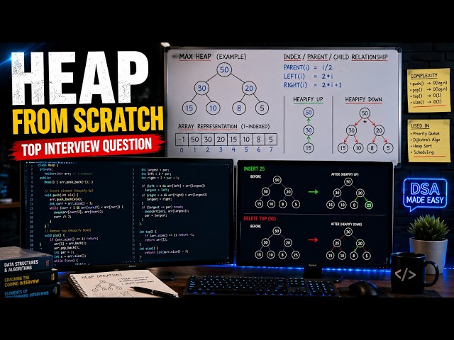 Implement Heap from Scratch in C++ | Max Heap Class (push, pop, top, size)