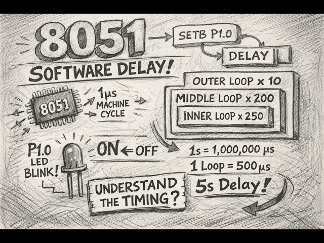 8051 Software Delay Tutorial | Inner, Middle, Outer Loop Calculation + LED Example