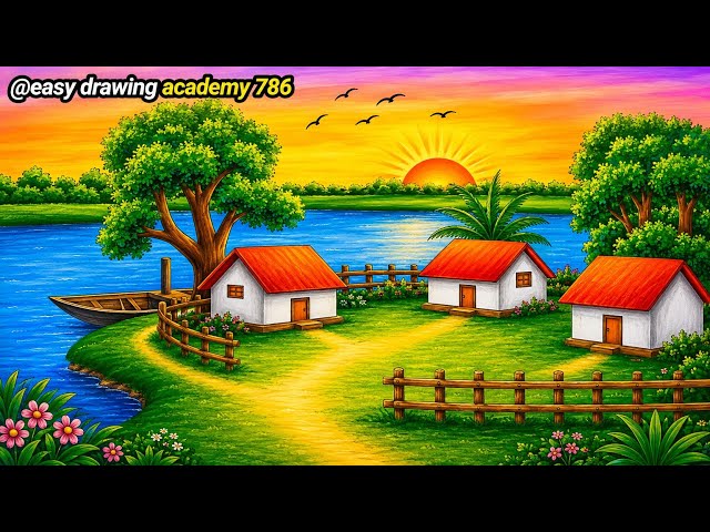 How to Draw a Beautiful Riverside Village Scenery with Sunset, Boat & Greenery | Easy Drawing