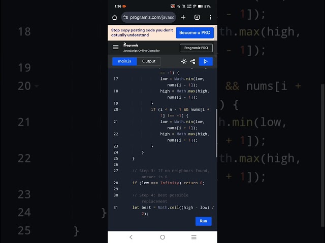 Replace -1 to Minimize Maximum Adjacent Difference | Greedy Algorithm | JavaScript DSA