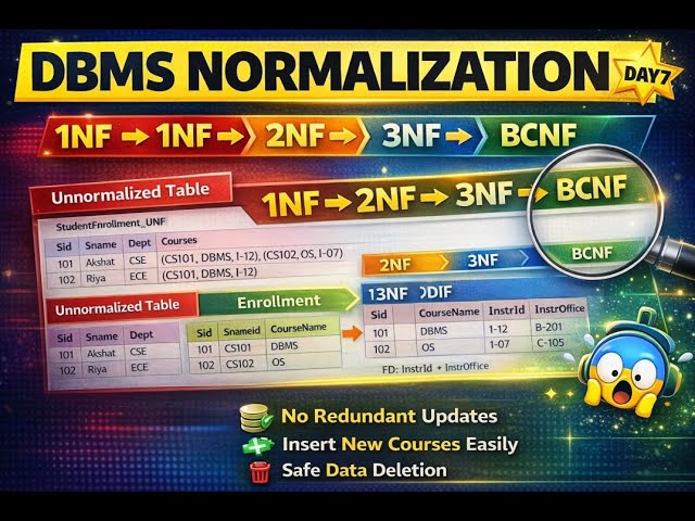 Normalization: (1NF → 2NF → 3NF → BCNF) example