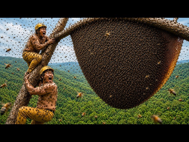 Two Giant Beehives on Two 100m Trees  Extreme Wild Honey Hunting