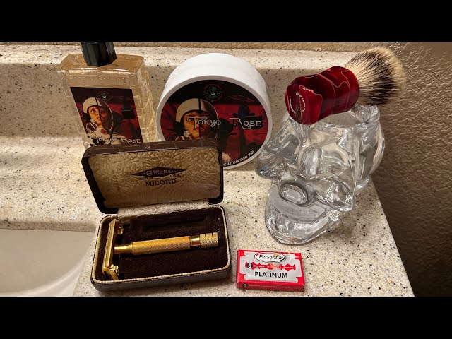 PAA’s Tokyo Rose Soap & Aftershave, Gillette Milord Razor, Shavemac Badger & Personna Red DE Blade.