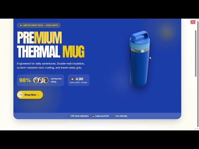 Thermal Mug Landing Page Using HTML CSS & JavaScript | Responsive Product Website Tutorial
