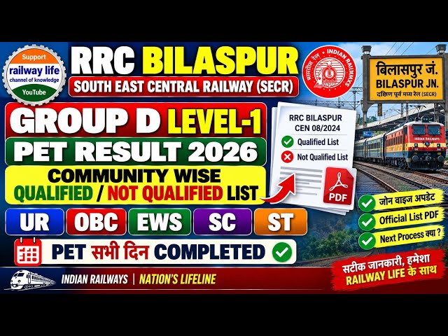 RRB group d cutoff analysis after PET data bilaspur secr zone community wise qualified, NQ & Absent