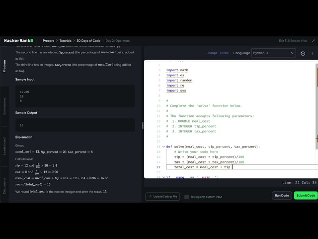 HackerRank Python 30 Days of Code - Day 2: Operators