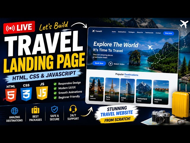 Build a Stunning Travel Landing Page using HTML CSS & JavaScript | Live Coding