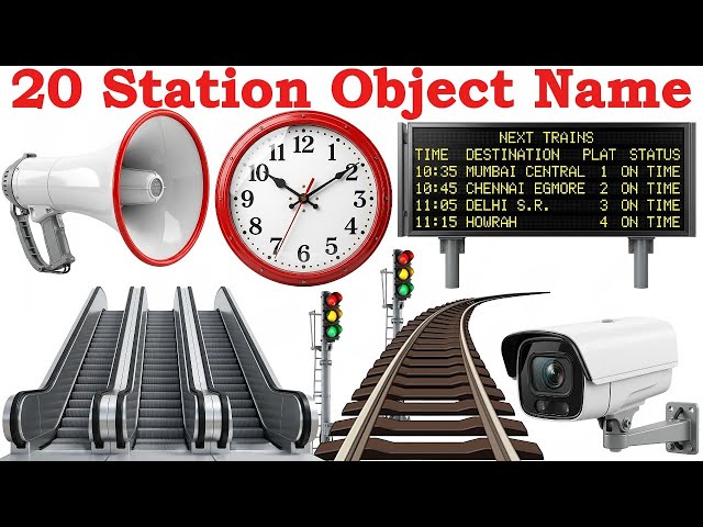 20 Station Objects Names in Hindi and English for Kids | Learn Railway Station Objects with Pictures