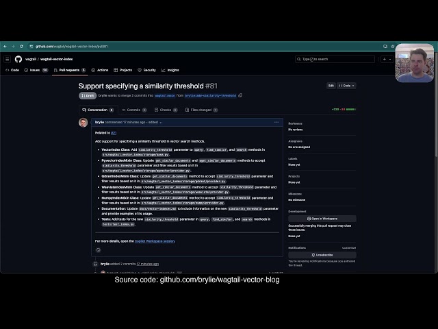 GitHub Copilot Workspace: working on a feature request for Wagtail Vector Search