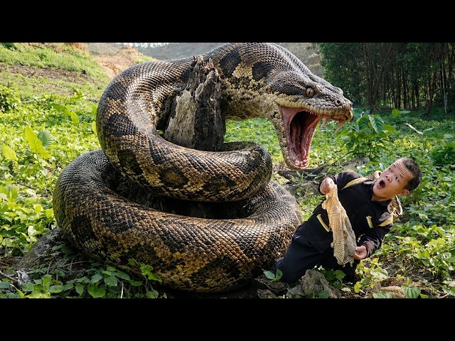 Dwarf Family Encounter Giant Python - Snake Hunting & Stream Fish Trapping - Amazing Survival Skills