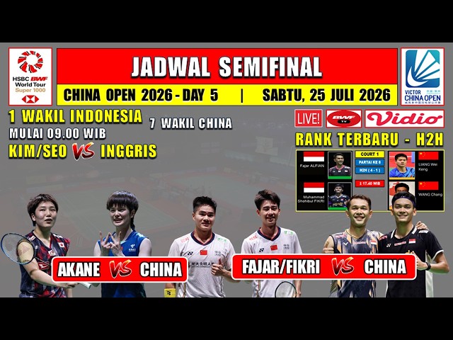 China Open 2026 Semifinal Schedule Today - FAJAR/FIKRI vs LIANG/WANG ~ AKANE vs WANG ZHI YI