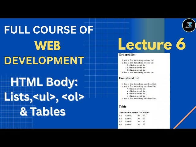 HTML Tutorial: Lists And Tables In HTML | Order Lists & Unorder | List  Web Development Lecture #6