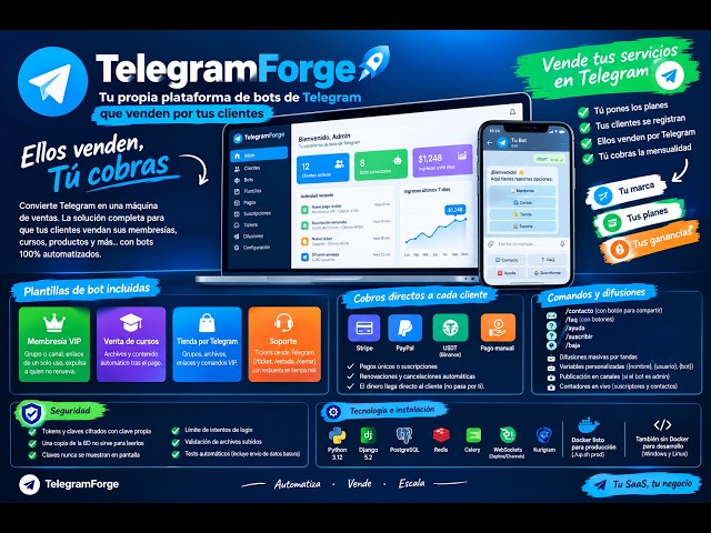 [VENTA] TelegramForge — Monta tu propia plataforma de bots de Telegram que venden por tus clientes