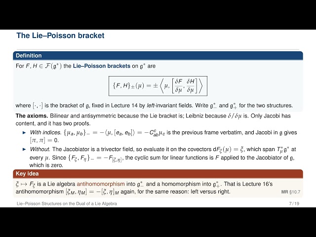 Geometric Physics I | Lecture 18: Lie–Poisson Structures on the Dual of a Lie Algebra
