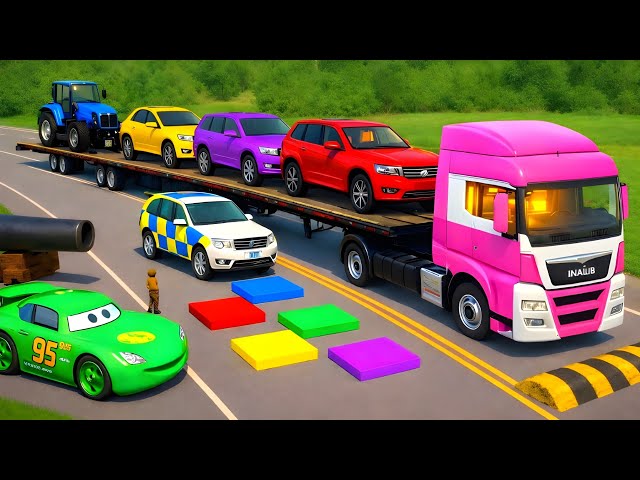 Single Flatbed Truck McQueen | Truck Transport vs Extreme Speed Bumps #88 - BeamNG.drive 🚛💥