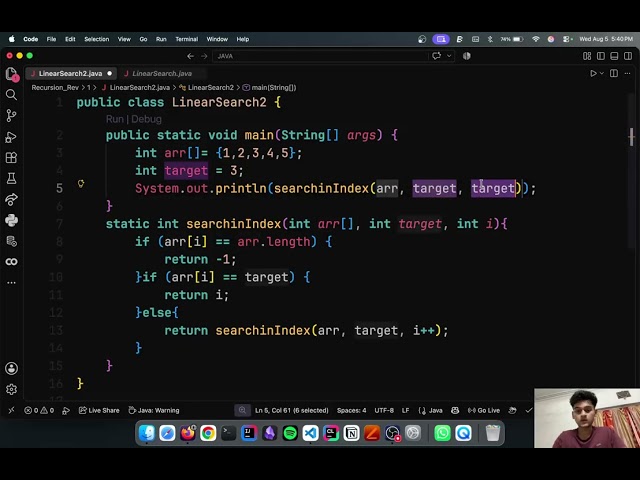 Linear Search (returning the index value) using Recursion - Java