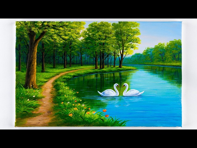 How to Paint a Forest Lake with Swans | Acrylic Painting Tutorial | Aham art