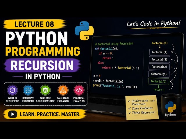 Python Recursion Explained | Lecture 8 | Recursive Functions, Base Case & Call Stack 