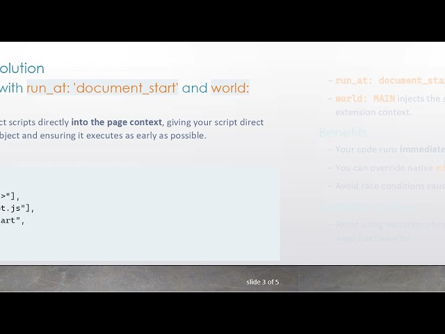 How to Run Custom JS with Access to window Before Any Other Scripts in a Chrome Extension