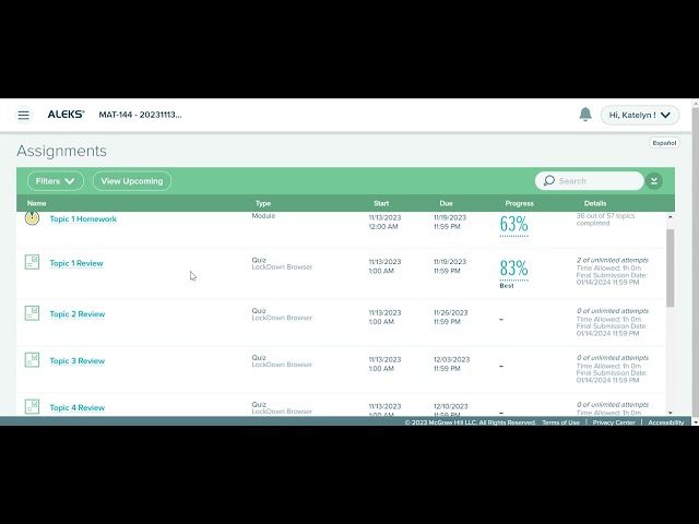 02   Tour of ALEKS After Completing the Initial Knowledge Check