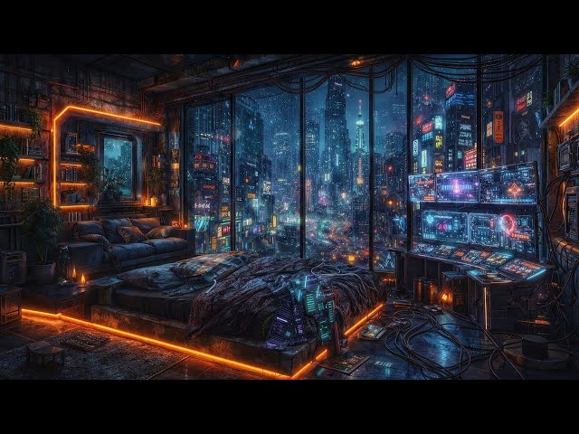 Cozy Cyberpunk Hacker Room Ambience Rain on Window | Coding, Study, Focus