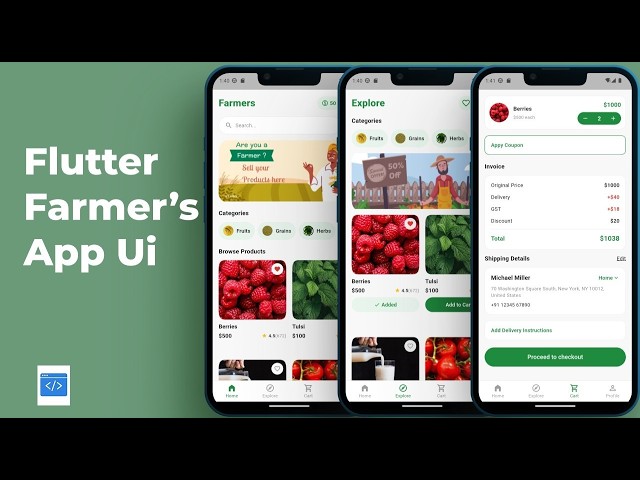 Flutter Speed Code  Farmers App UI (Home, Explore & Checkout) | Clean Architecture