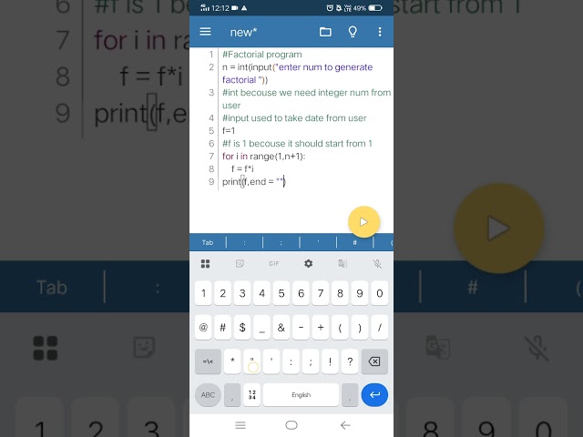 Factorial number in python [code in mobile] easy steps