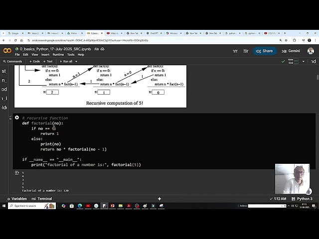 Definition of function by def with parameters: , recursive function like factorial, if __main__
