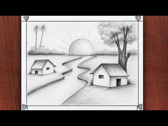 Easy Scenery Drawing with Pencil Shading | Beautiful Nature Landscape Drawing Step by Step