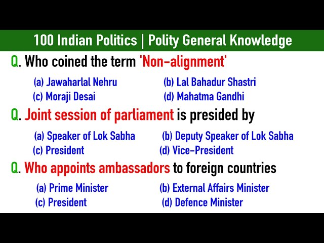 100 Indian Politics | Polity General Knowledge Questions and Answers | Indian Politics  GK