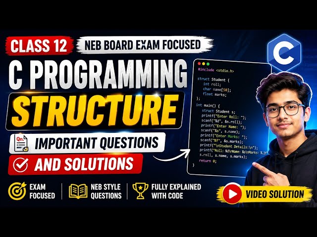 Class 12 NEB board exam focused C Programming structure qn and it's programming solution video