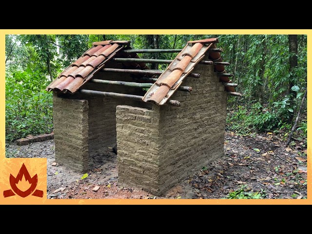 Primitive Technology | Firing tiles and building the roof on the mud mortar/fired brick hut