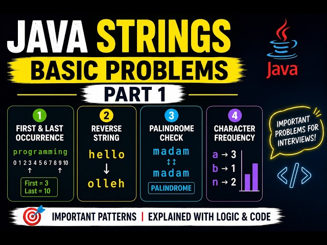 P1-V8 : Java String Problems Part 1 | First & Last Occurrence, Reverse, Palindrome & Frequency | DSA