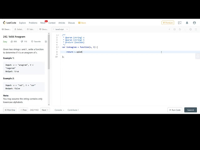 LeetCode 242.  Valid Anagram JavaScript Solution: Very Readable One Line