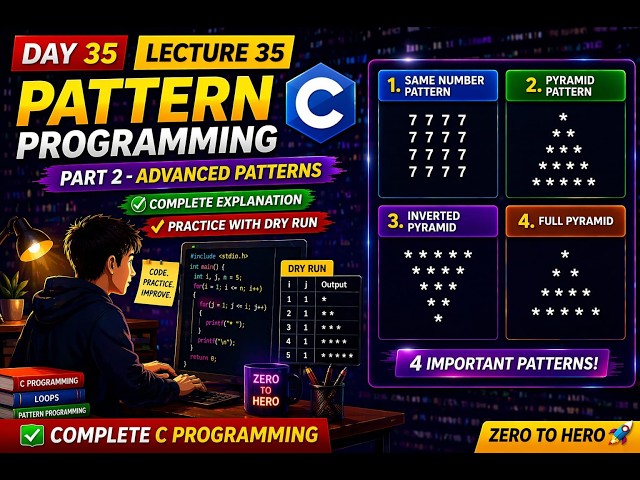Lecture 35: Advanced Pattern Programs in C | Pyramid, Inverted & Number Patterns 🔥