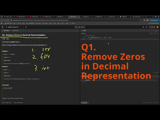Leetcode Weekly Contest 473 Q1. Remove Zeros in Decimal Representation #python #dsa