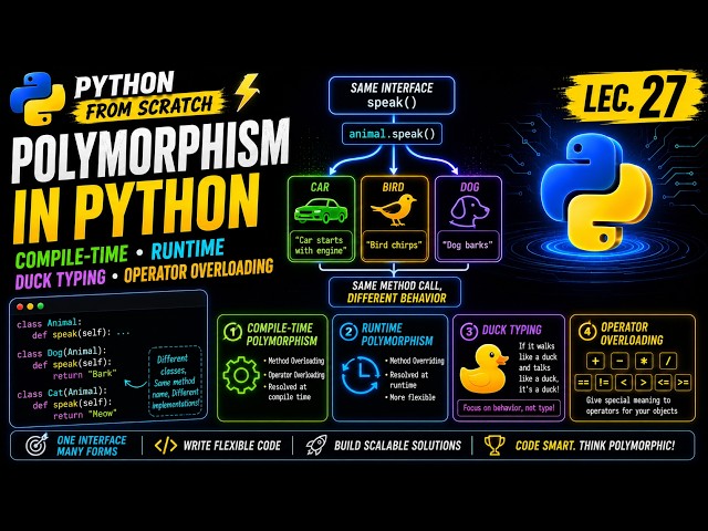 Polymorphism | Compile, Runtime, Duck Typing & Operator Overloading | Python From Scratch | Lec. 27