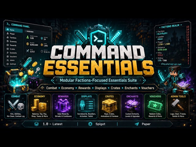 Command Essentials, Over 20 Modules, Minecraft Spigot/Paper 1.8-Latest