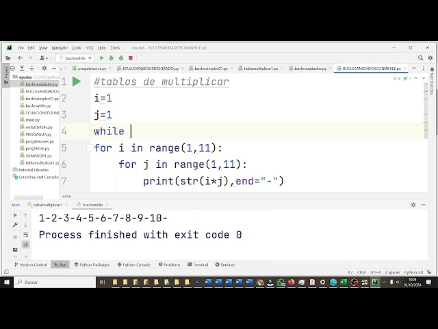 Bucles WHILE Anidados Tabla de multiplicar PYC2BACH Pycharm Python ESO Bachillerato IES Monterroso