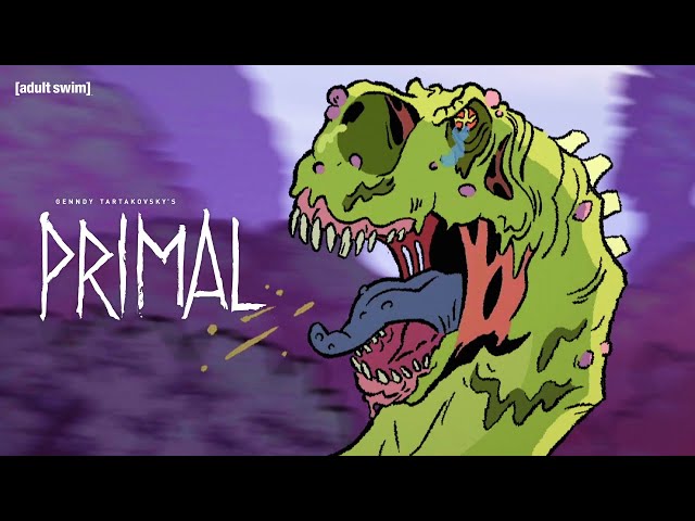 Spear and Fang Flee the Argentinosaurus | Genndy Tartakovsky's Primal | adult swim