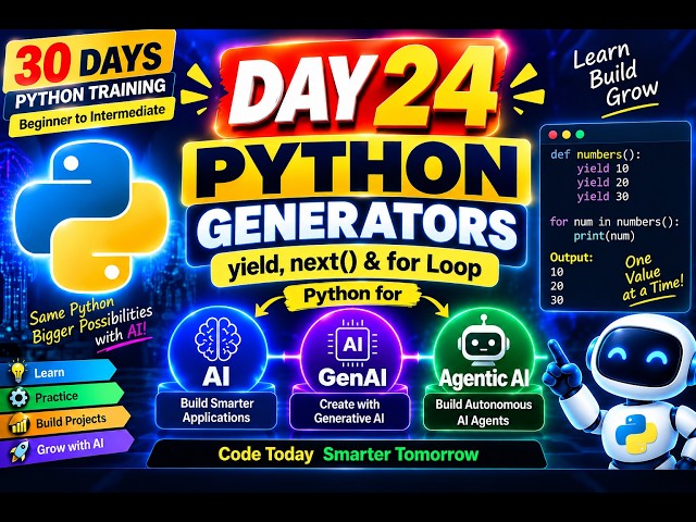 Day 24 – Python Generators | yield, next() & for Loop | Python for AI, GenAI & Agentic AI