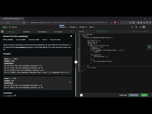 First Non-Repeating Character in a Stream | GeeksforGeeks GFG Solution in C++ | Queue | DSA