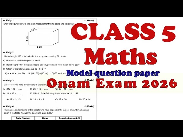 Class 5 Maths Onam Exam 2026 |KeralaSyllabus |Model Question Paper & Answers |Class 5 Maths