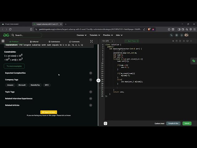 Largest Subarray with 0 Sum | GFG Solution in C++ | Prefix Sum + Hash Map