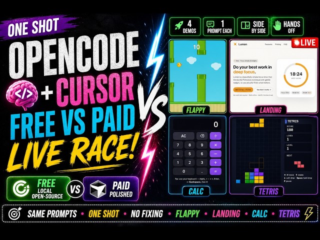 opencode vs Cursor — Same Prompts, One Shot (Can Free Keep Up?)