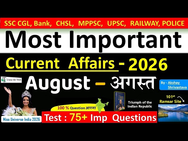 Current Affairs - August 2026 | Imp current affairs 2026 | Monthly Current Affairs  | By Akshay sir