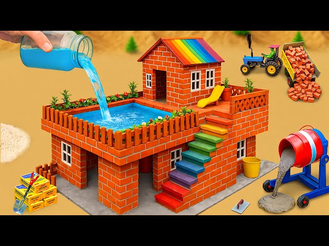 DIY Construction Science Project - Building a Modern 2-Story Fireproof House Pool With Bricks