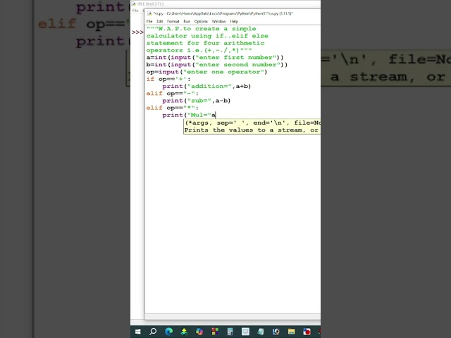 W.A.P. to create a simple calculator using if..elif for arithmetic operators in python #shorts